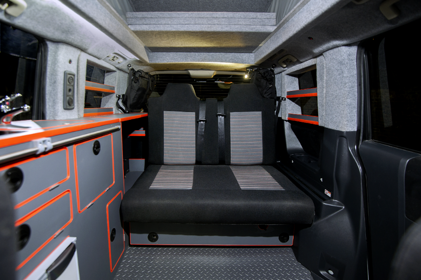 The D:5 Terrain includes a two-seat folding bench/bed, kitchen block, pop-up roof bed and plenty of storage