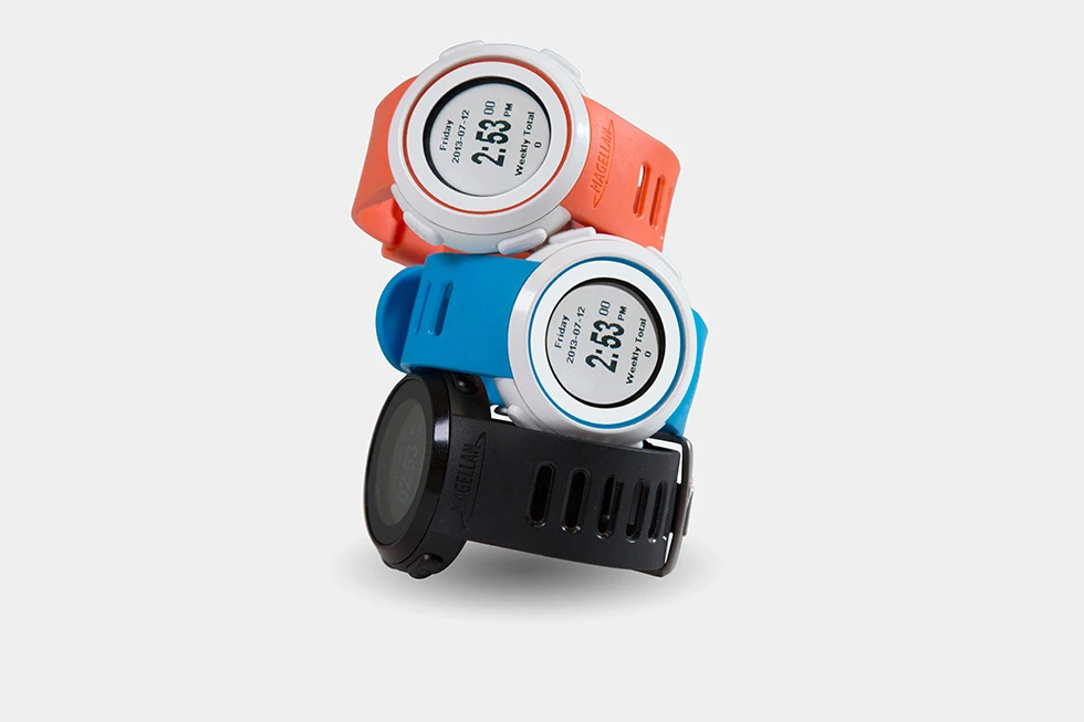 The watch is available in orange, blue and black