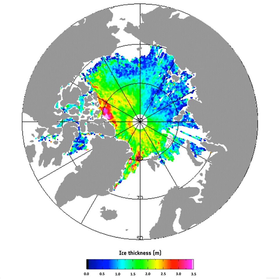 A map of Arctic sea ice thickness in October/November 2014 (Image: ESA)