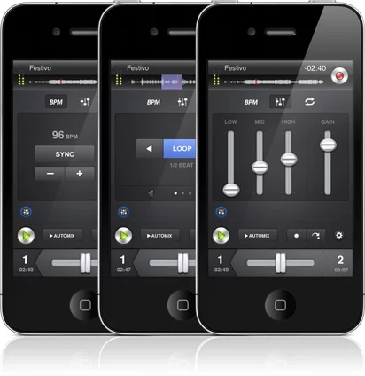From left: The auto sync and pitch control screen, loop control screen, the equalizer screen