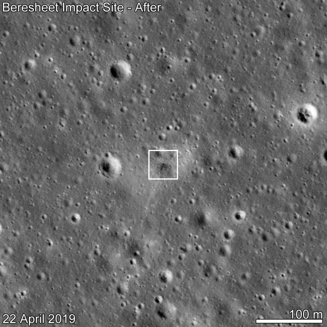 SpaceIL Beresheet crash site as seen by LROC eleven days after the attempted landing. Date in lower left indicates when the NAC image was acquired,