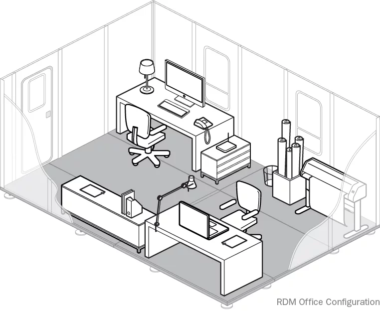 Drawing of RDM interior, with office configuration