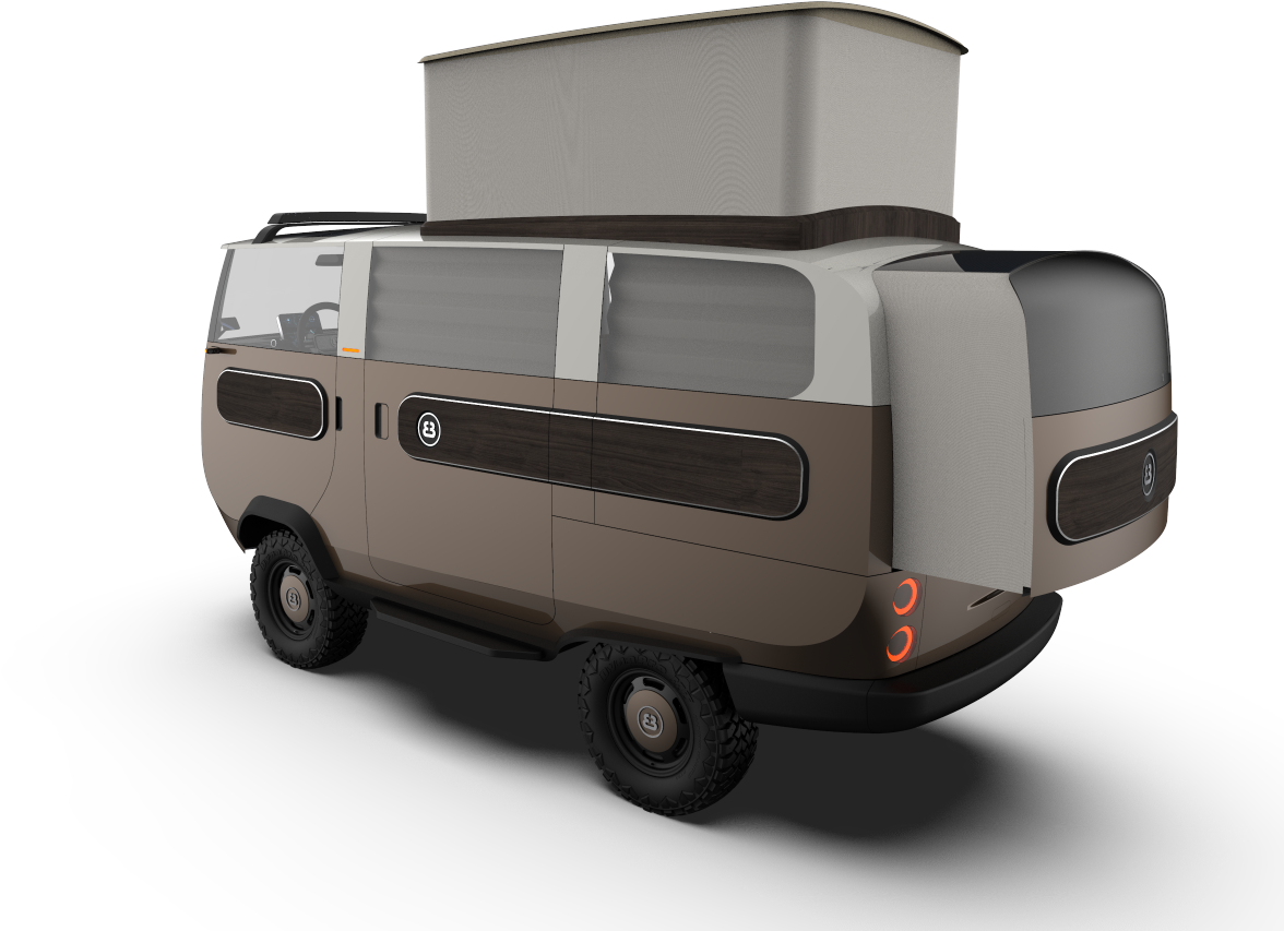 One available configuration, the eBussy Camper features a slide-out and pop-up roof to open up the compact interior