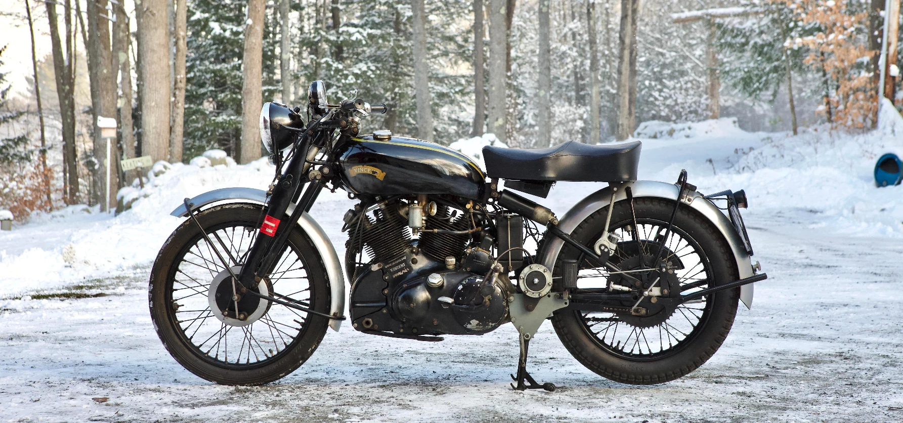 A 1953 Vincent Black Shadow that has been in storage for many years and is original other than an older repaint. The bike is believed to have done only the 14,804 miles recorded on the (working) Smiths 5-inch speedometer. Incredibly original for just $88,550