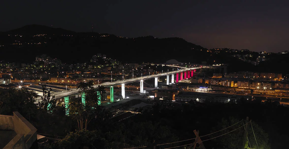 The Genova San Giorgio Bridge, shown illuminated with the colors of the Italian flag on its completion