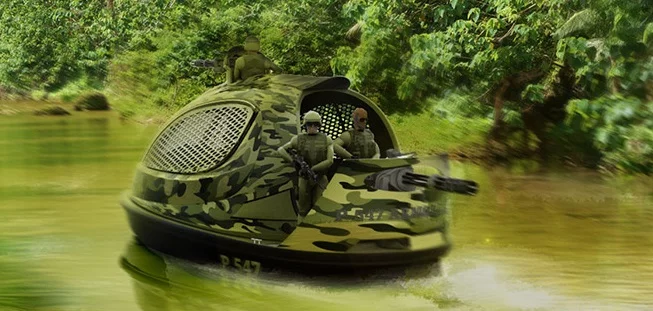 The Jet Capsule gets transformed into a camouflaged and armored military vessel
