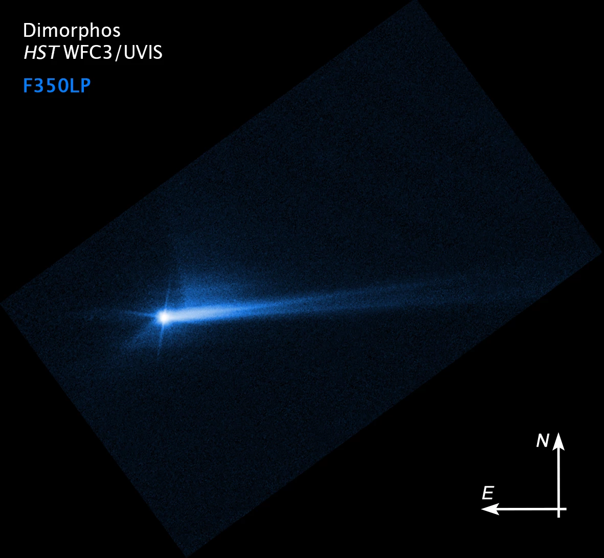 Image from the Hubble Space Telescope shows debris ejected from the surface of the asteroid Dimorphos following impact