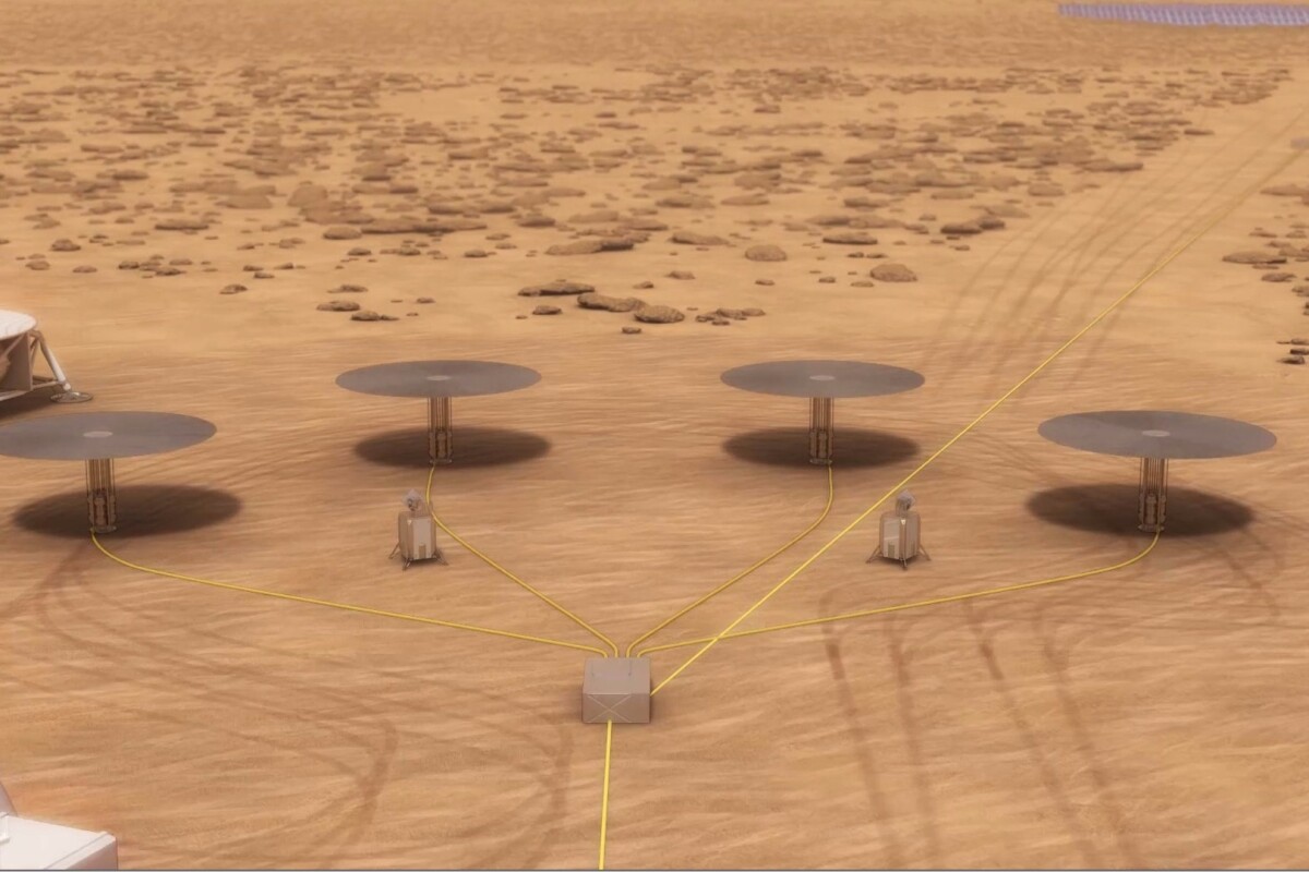 Artist's concept of four Kilopower reactors at a Mars base