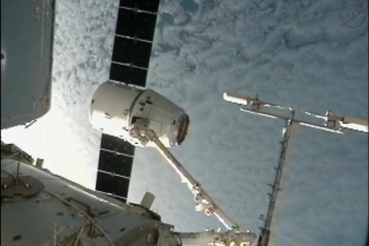 Dragon captured by an ISS robot arm (Image: NASA)