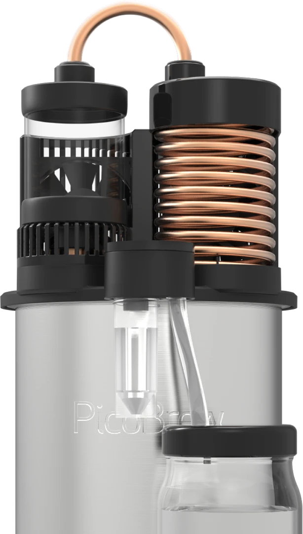 The PicoStill's copper distilling coil is designed to fit snugly over the keg that comes with the Pico C Keg