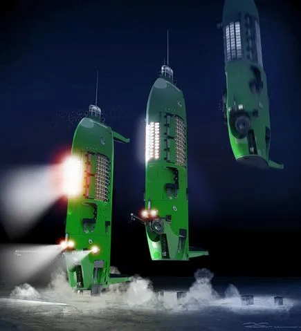 Illustrated sequence showing DEEPSEA CHALLENGER electromagnetically casting off the steel plates that weigh it down(Photo: Acheron Project Pty. Ltd./National Geographic)