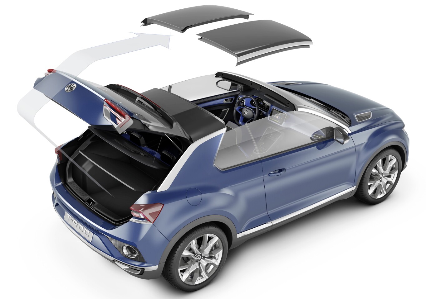 The T-ROC features a middle section of the roof that can be quickly removed and stowed in two pieces