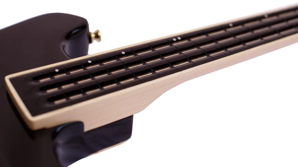 The fingerboard consists of four rounded peaks running the length of the maple neck, with three rows of "fretted" capacitive touch controls inbetween