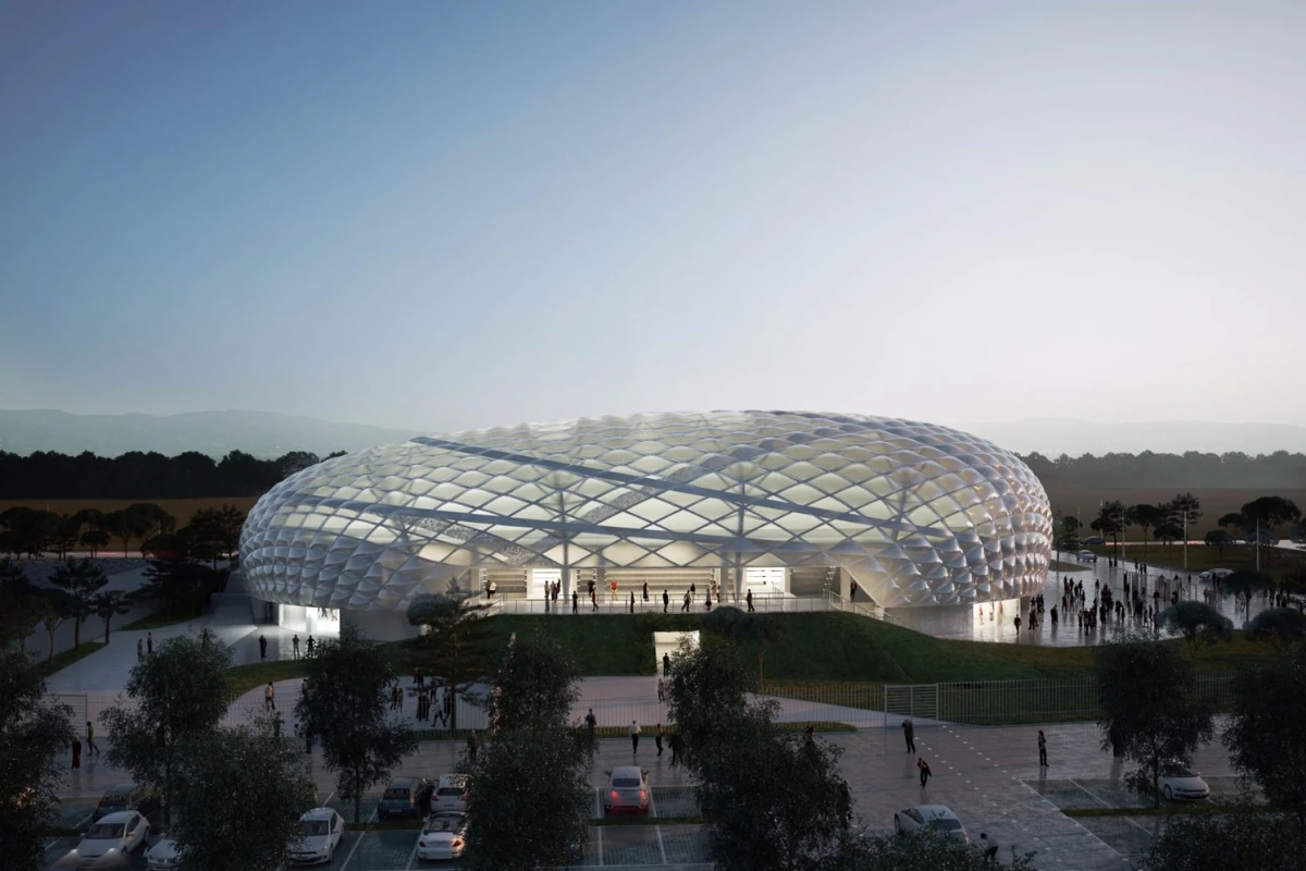The structure comprises a steel frame with an outer layer of ETFE pressured air cushions