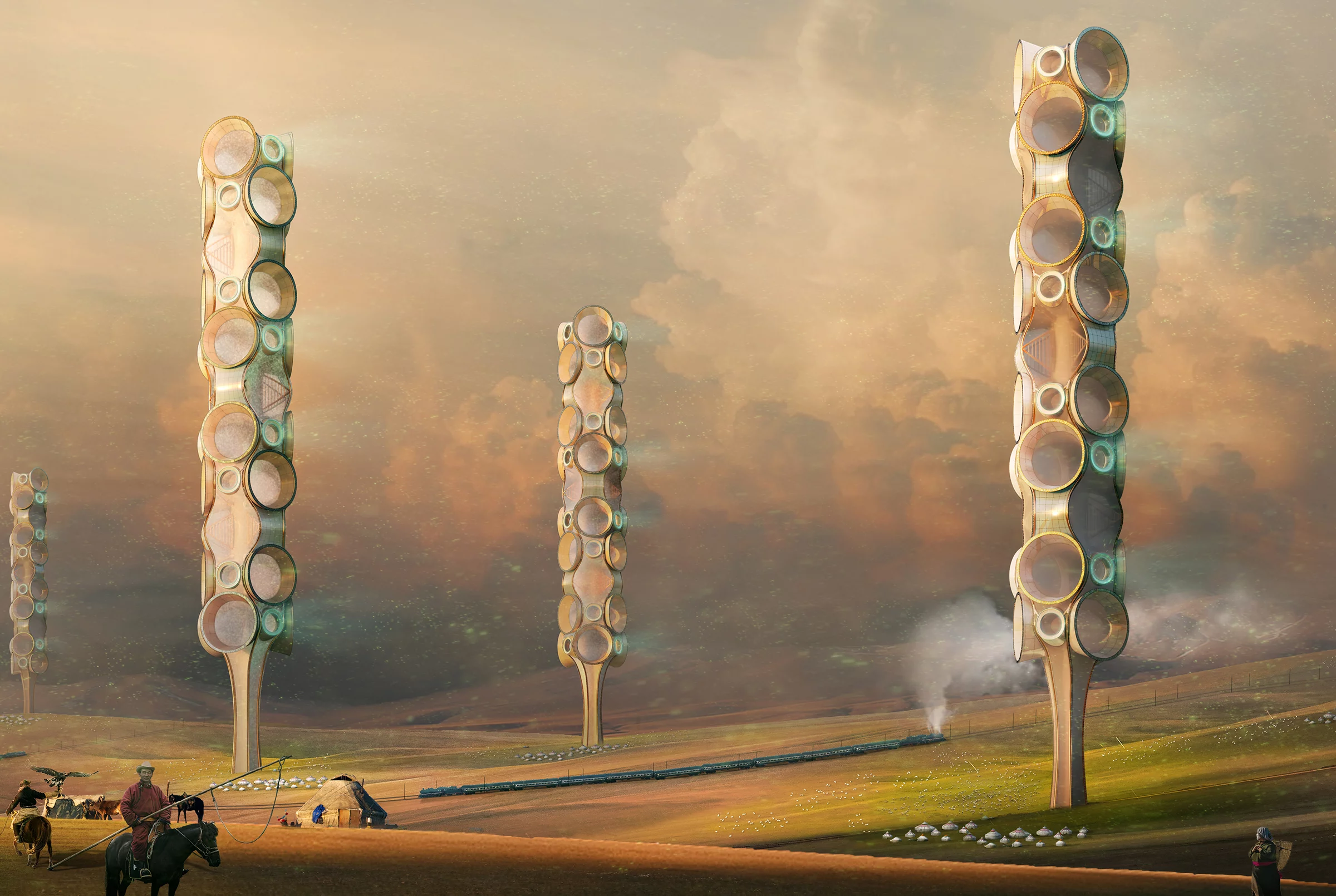 Wind Seeding Tower was designed by Fang Huo, Xinxuan Li, Bingjie Wang and Qining Zhang from China. The design imagines using strong winds in Mongolia to spread grass seeds, in an attempt to solve desertification issues in the country