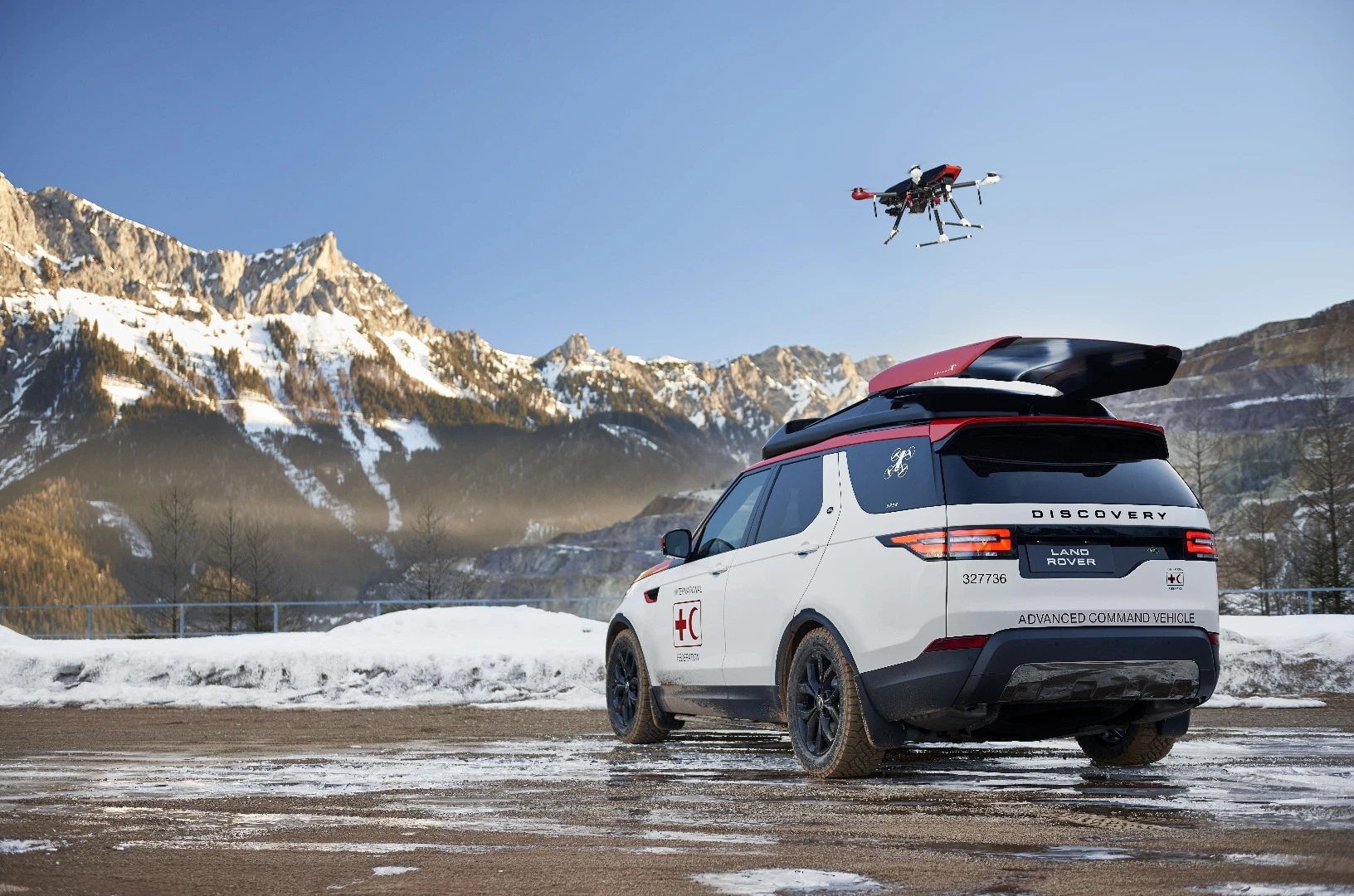The Discovery's roof-launched drone has a range of 1 km (0.62 mi)