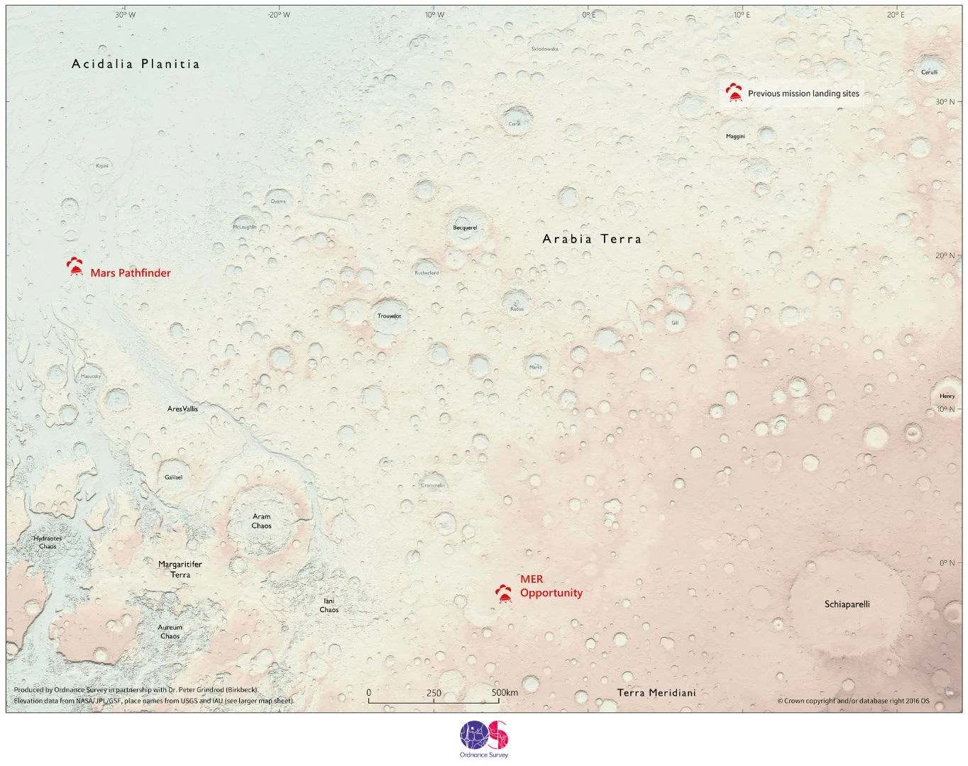 The new map of the surface of Mars is the first extraterrestrial map produced by the Ordnance Survey