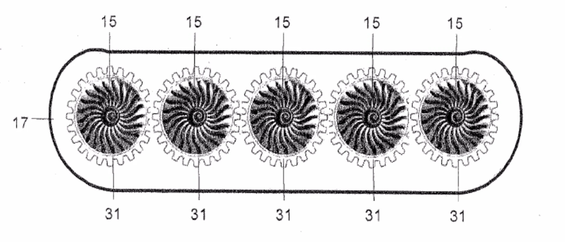 A series of fans linked by gearing