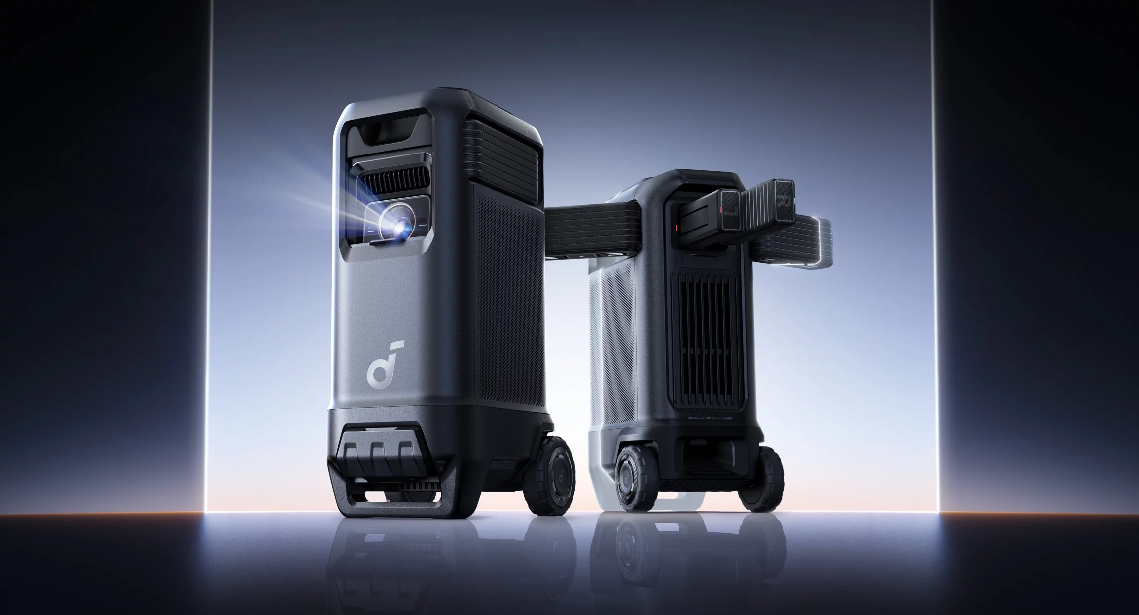 The Soundcore Nebula X1 Pro 4K tri-laser projector and surround-sound audio system is enclosed in IP43-rated housing that includes wheels and a telescoping handle for positioning ease