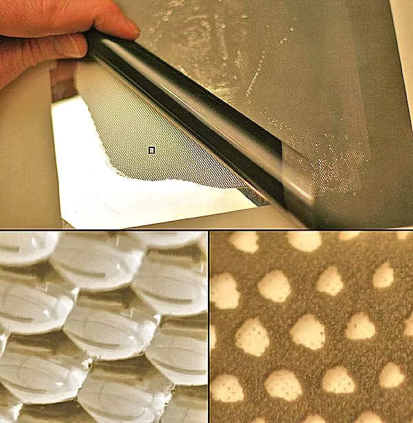 Top shows the semi-transparent mask covering the mirrored spherical dimples, left shows the mirrored dimples, and right shows the mask itself (Photo: University of California-Santa Cruz)