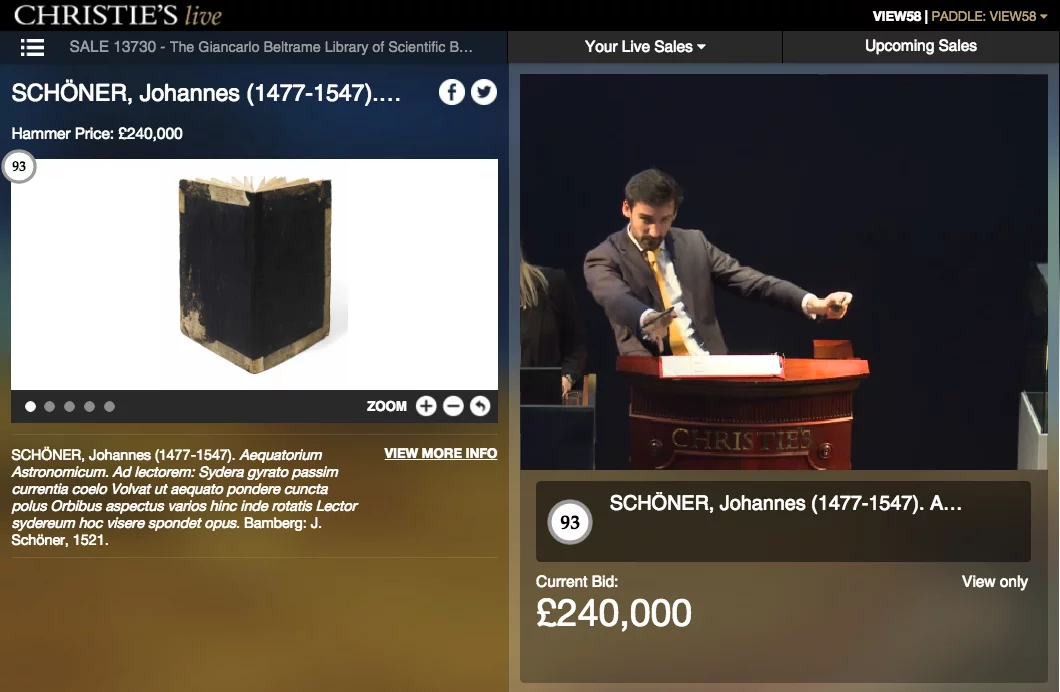 Johannes Schöner (1477 – 1547) was one of the most influential figures of the period and only five copies of Aequatorium Astronomicum still exist, with this being the first copy ever to go to public auction. It is the first book to contain printed equatoria, and the first book to contain printed instruments which predict the position of the planets. Schöner was also the person who persuaded Rheticus to journey to meet Copernicus, ultimately resulting in the publication ofDe Libris Revolutionum in 1540, and of the landmark De Revolutionibus Orbium Coelestium in 1543. Schöner was also responsible for producing the first pair of globes of the same size to represent the Earth and the heavens, thereby establishing the standard practice of pairing terrestrial and celestial globes. This book was sold for $383,759 (£290,500) by Christies on July 13, 2016