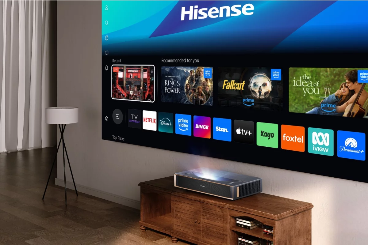 The PT1 4K TriChroma Laser Cinema projector snuggles up to the wall but delivers color-accurate, bright visuals at up to 150 inches