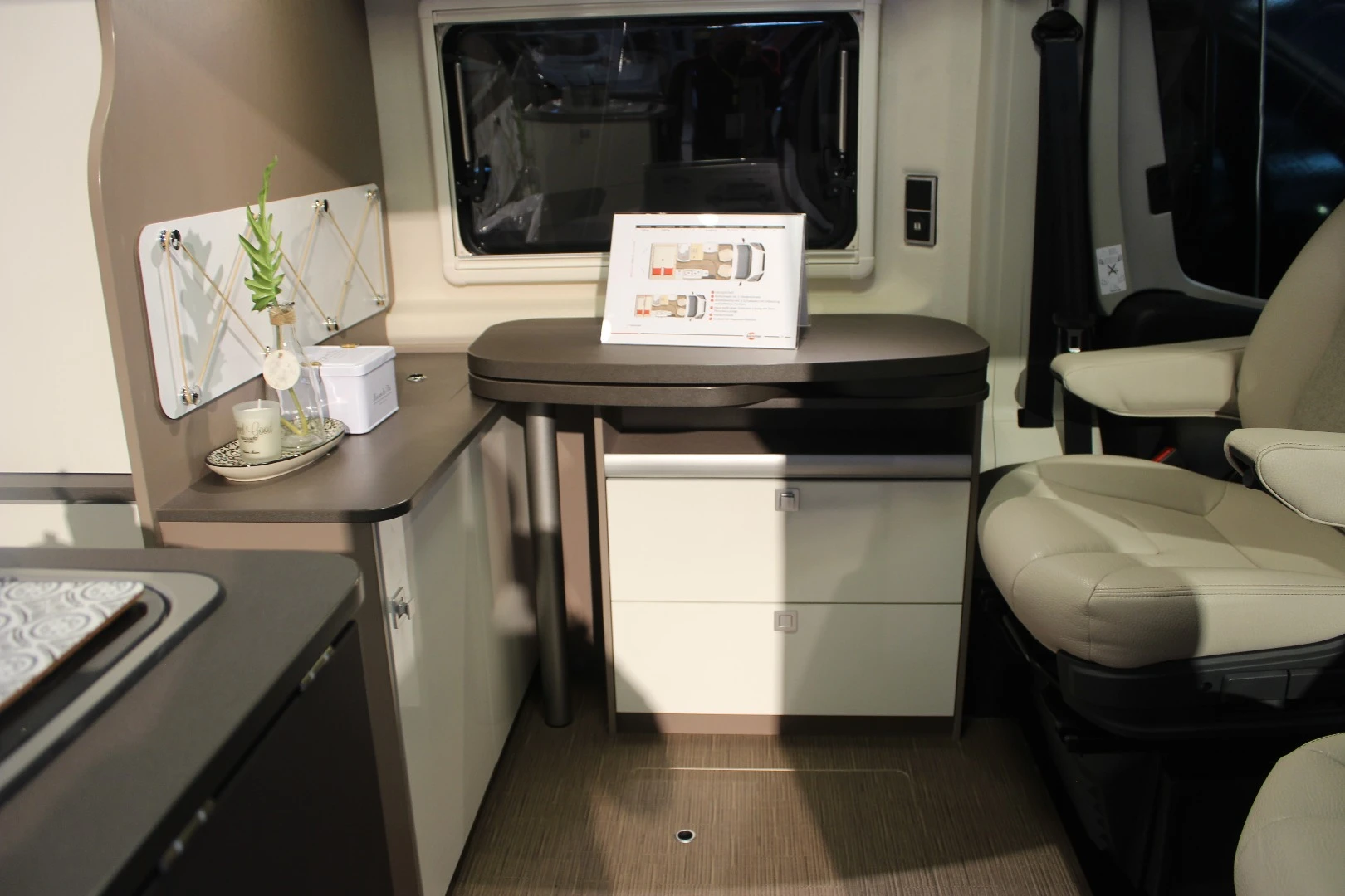 The Bürstner City Car Harmony Line C 603 has a dedicated two-person floor plan that does away with the dining bench typical on this style of front dinette, replacing it with storage cabinetry
