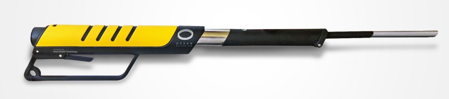 The eSpear is its activated state, with its two electrodes (silver) exposed