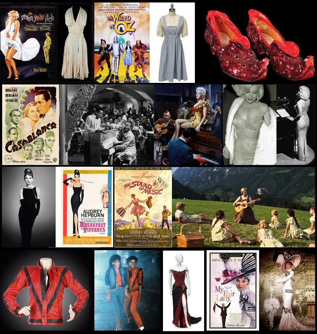 Here are just a few examples from our files of items have been raised to iconic status by the prices they have commanded at auction many decades after their moment in the spotlight: Dorothy's ruby red slippers ($612,000) and blue pinafore dress ($1.56 million) from The Wizard of Oz; Marilyn Monroe's "Happy Birthday Mr President" dress ($4.81 million); Monroe's subway grate dress from The Seven Year Itch ($5.52 million); Michael Jackson's red leather jacket ($1.81 million) from Thriller; Audrey Hepburn's "little black dress" ($923,187) from Breakfast at Tiffany's and her Ascott Races dress from My Fair Lady ($4.4 million); Julie Andrews' Do-Re-Me dress from The Sound of Music ($660,000) and the "Play it Again, Sam" piano from Casablanca ($602,500). The back story on those items can be found here and here.