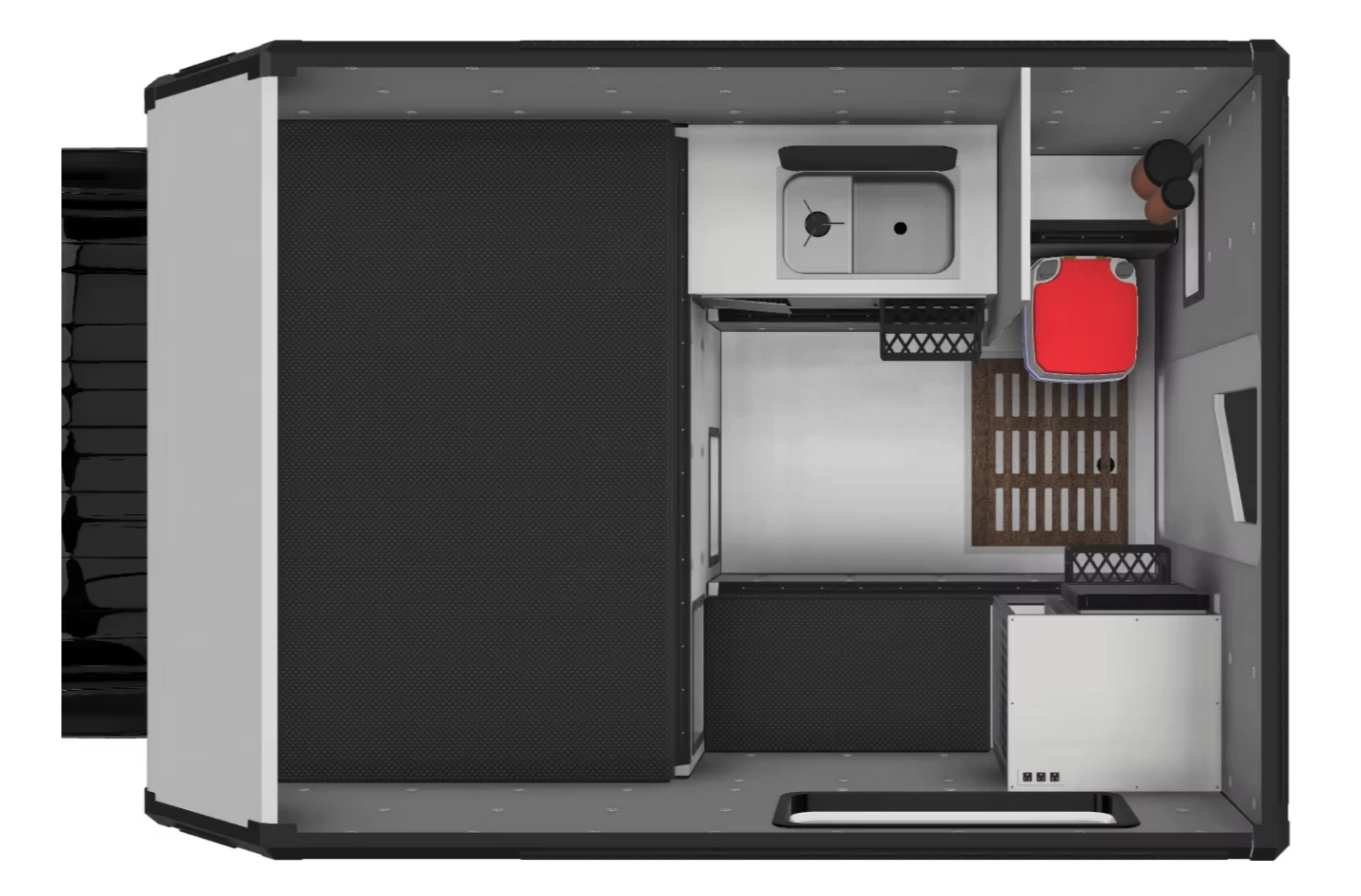 Rearranged floor plan with kitchen, wet bathroom, single bench seat and fridge console