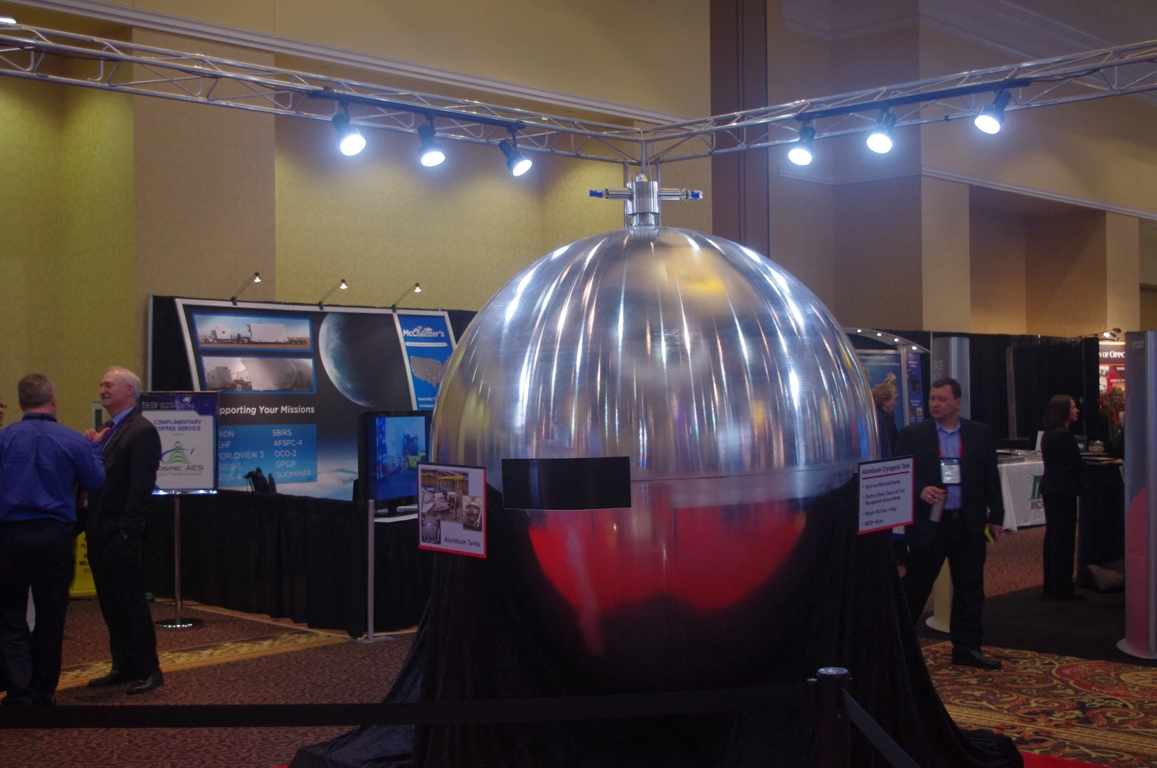 An aluminum cryogenic tank from Spincraft, which could be used on a high-altitude, long-endurance (HALE) vehicle. Unlike a satellite that needs to maintain motion, a HALE vehicle can remain stationary for long periods of time carrying out its functions, such as surveillance. This fuel tank weighs just 99 pounds and was created using electron-beam welding.