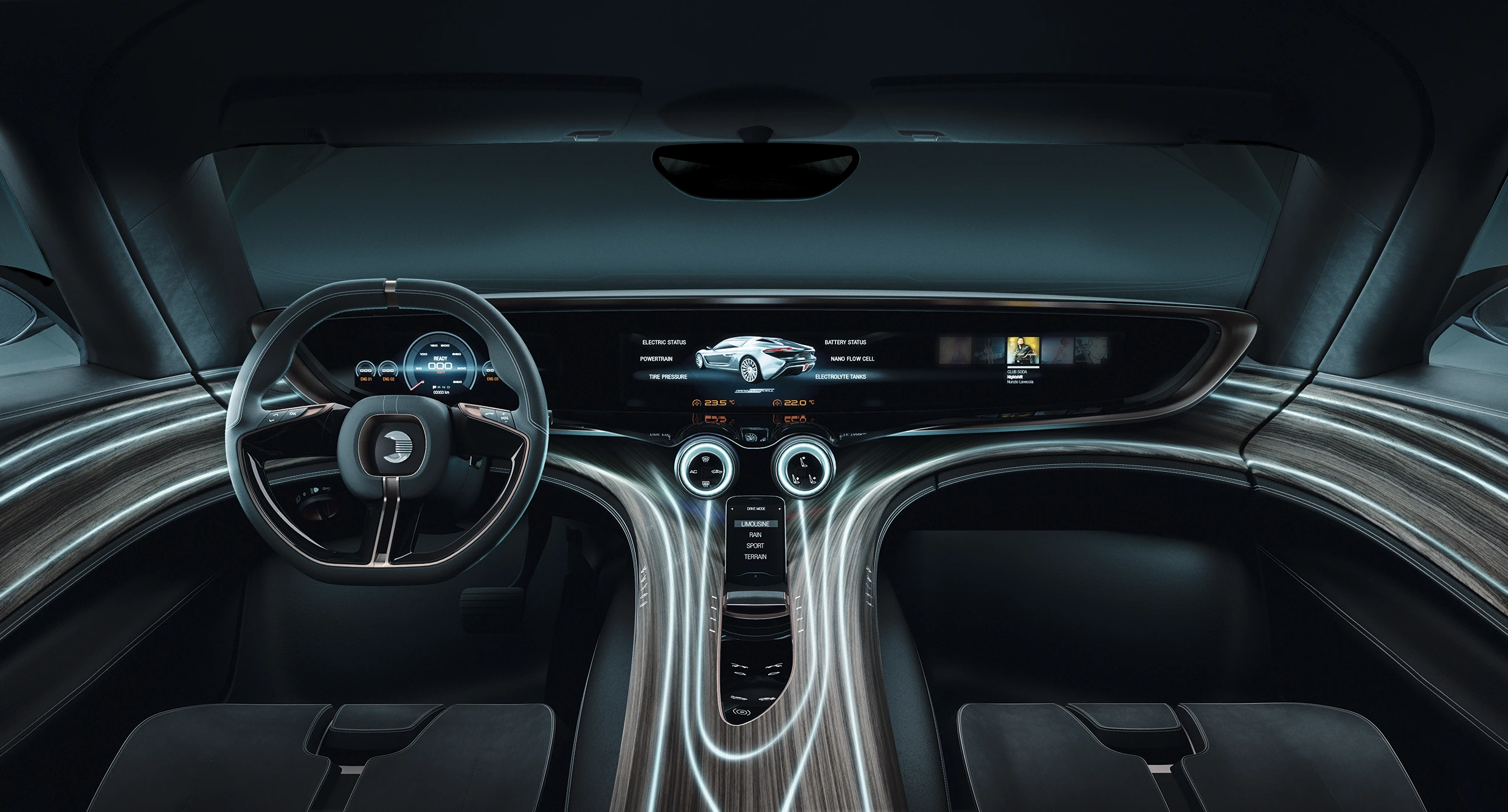 Lights and controls lurk just below the wood surfaces