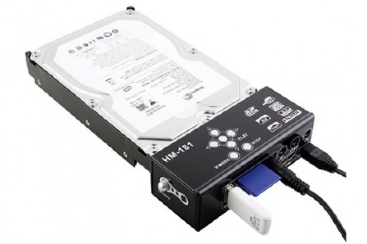 The Brando SATA HDD Multi-Media Player Adapter works with SATA hard drives, SDHC cards, and USB storage devices