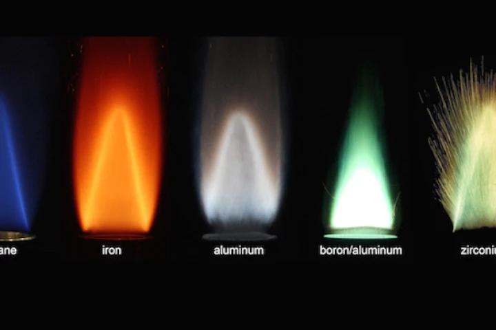 Stabilized flames of different metal powders burning with air, compared to a methane-air flame