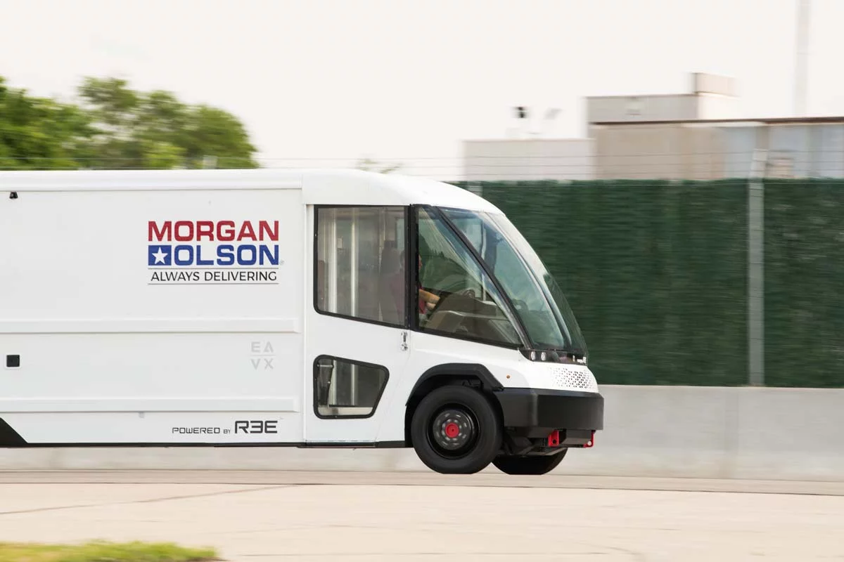A Class 5 commercial delivery van body has been designed by Morgan Olson and EAVX, and mounted to REE Automotive's modular P7 electric vehicle chassis for trucks and buses