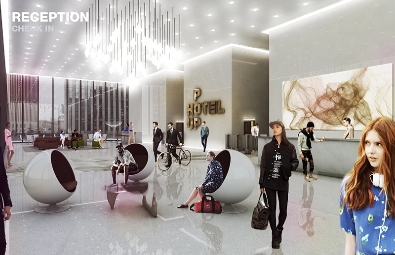 Artist's concept of a Pop-Up Hotel reception lobby
