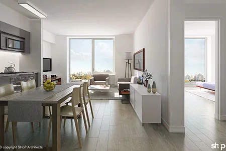 B2 will have 363 rental apartments, 50 percent of which will be permanently affordable for low- and middle-income households. (Image: SHoP)