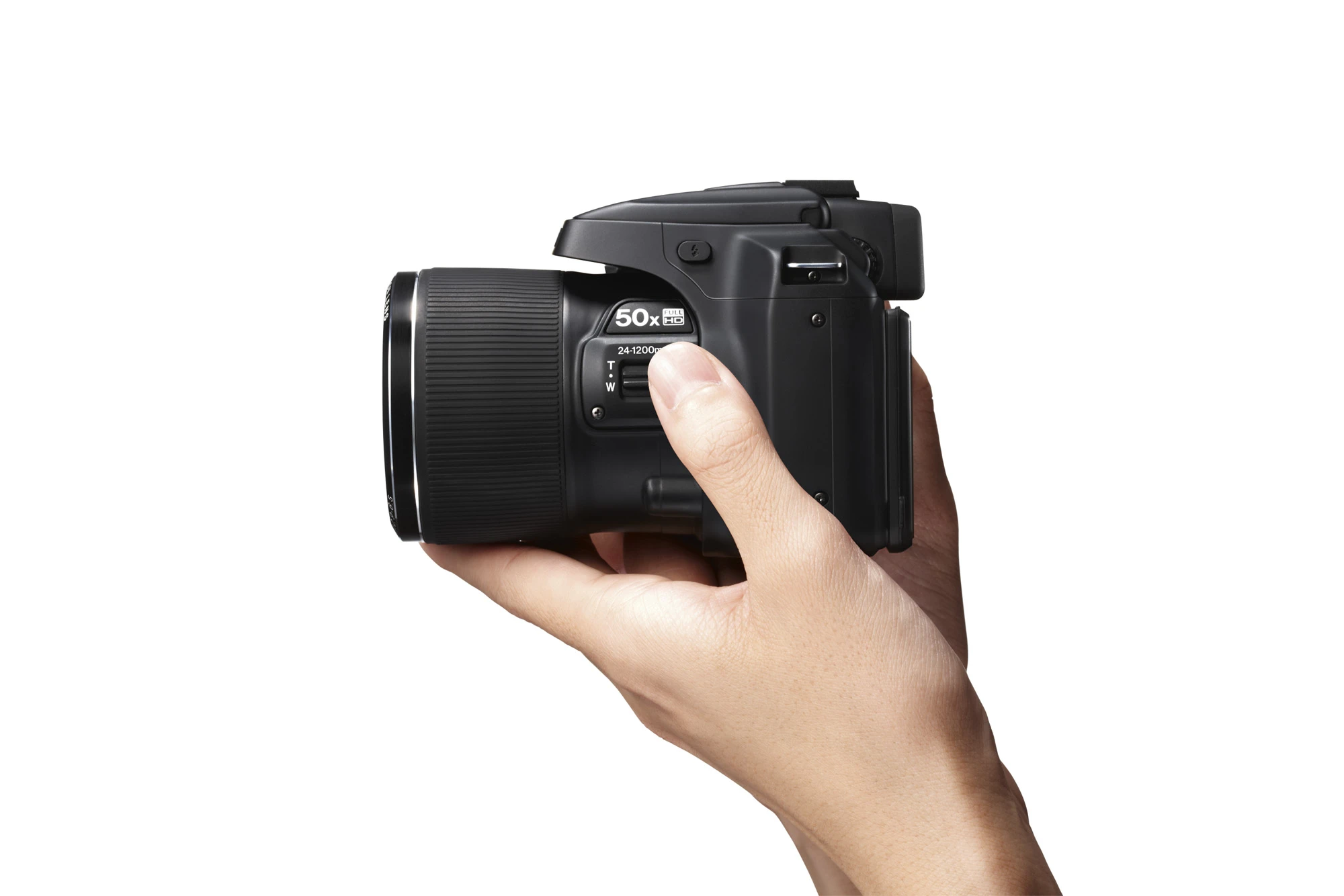 In addition to a zoom toggle button atop the camera body, there's a second zoom lever on the side of the lens barrel