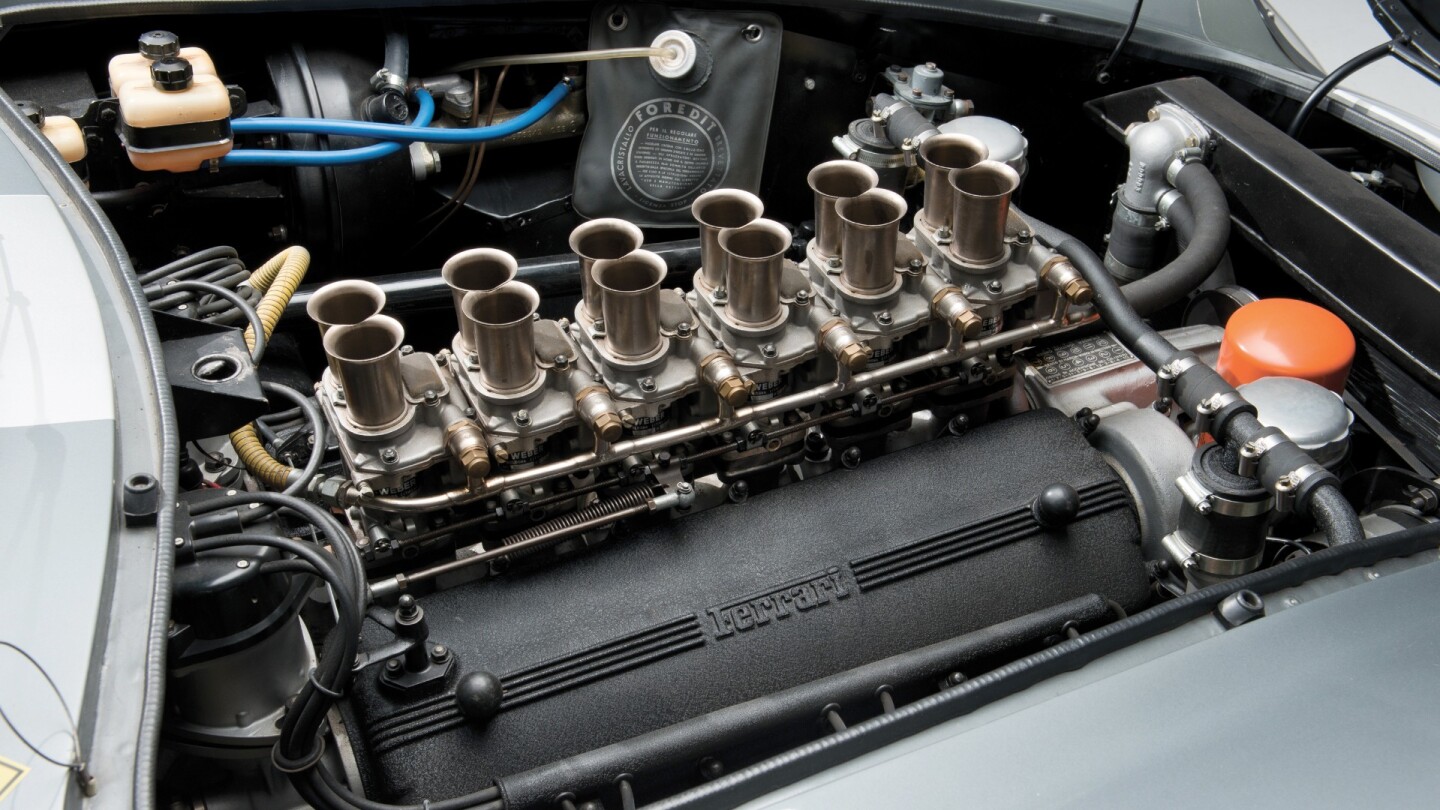 The GTB/4's Colombo V12 engine had been stretched to 3.3 liters, four camshafts (two for each of the six cylinder banks), and six dual throat Weber carbs. The resultant 300 peak horsepower was more than matched in the mid-range, making for rapid access to the 268 km/h (166.5 mph) top speed and a car which embodied the concept of a Grand Tourer.