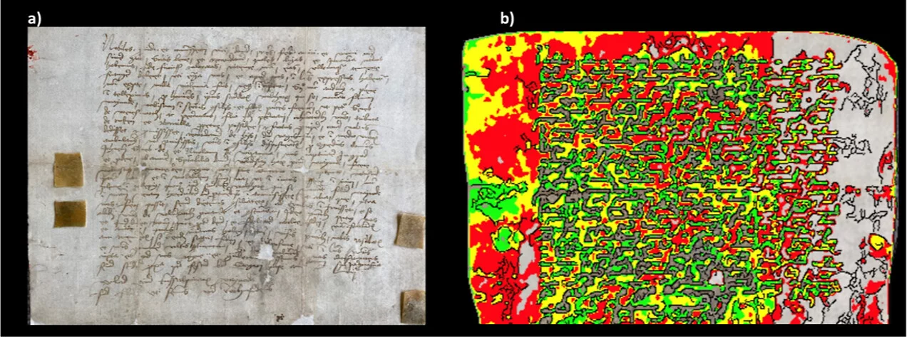 (a) Third letter dated 1457 with EVA film attached; (b) mapping of proteins under flash UV illumination