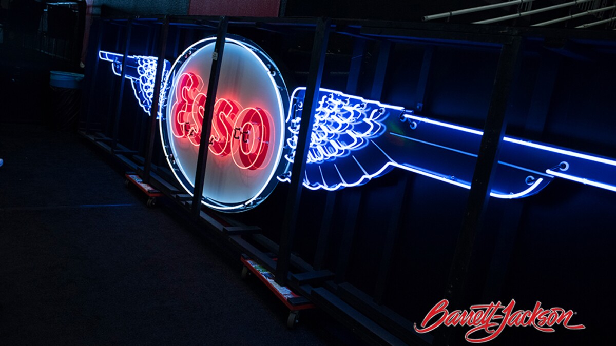 From an era when petroleum was cheap, and real cars burned a pint a mile, this Esso sign was the second most expensive automobilia sign of the week. It sold for $63,250 at Barrett-Jackson’s Scottsdale 2018 auction