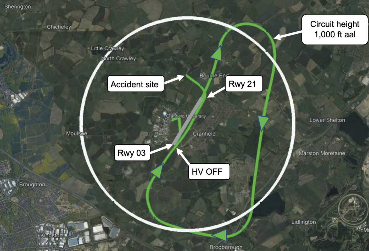 The test plane's flight path around Cranfield airport