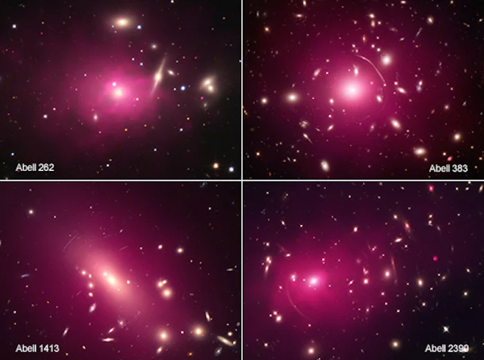Four of the 13 galaxy clusters studied, which support the idea that dark matter may be both fuzzy and in excited states