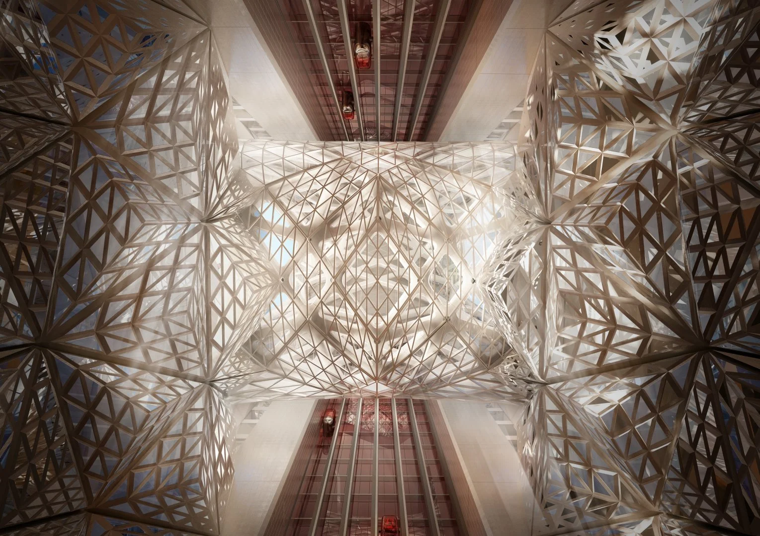 Triangular shapes seem to multiply and proliferate in the hotel’s ceiling, forming what appears to be a shifting optical illusion