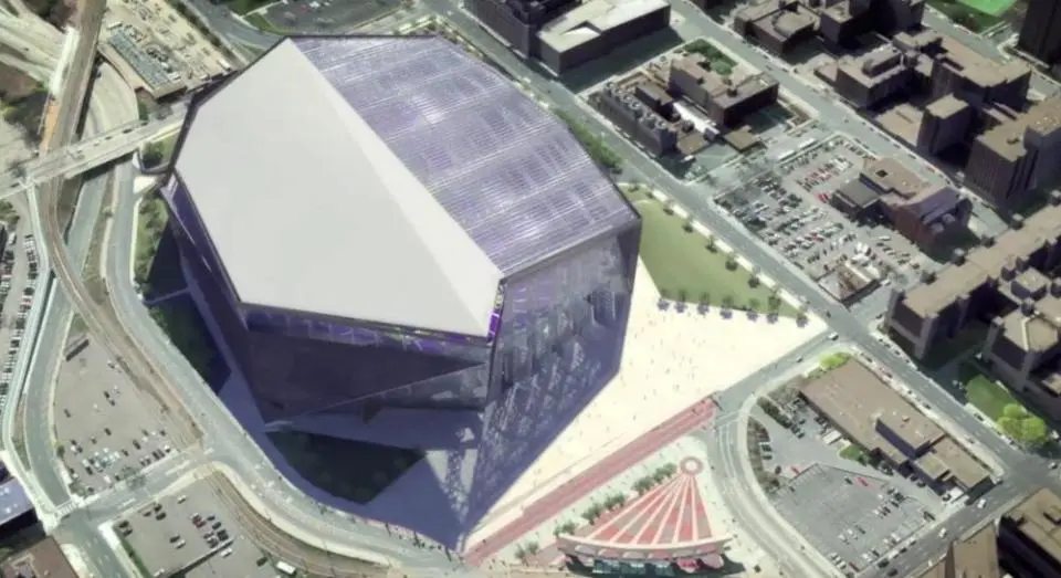 Overhead view of the stadium showing the two sides of the roof