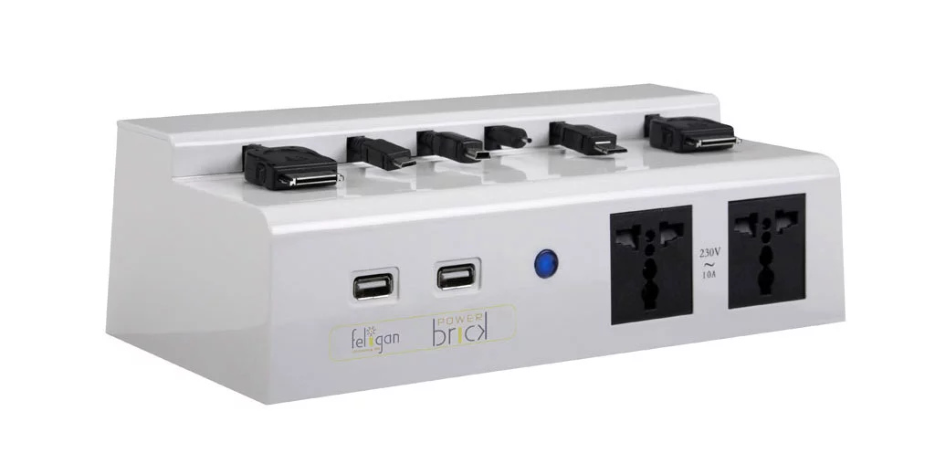 The PowerBrick universal charger comes in glossy white and black