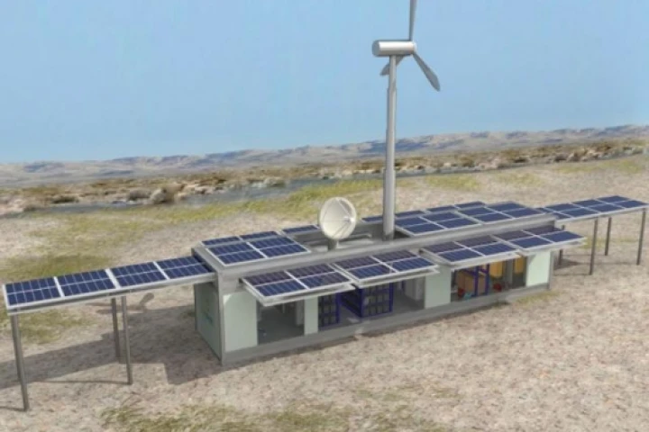Ecosphere Technolgies' Ecos LifeLink system, with fully deployed solar panels and wind turbine attached