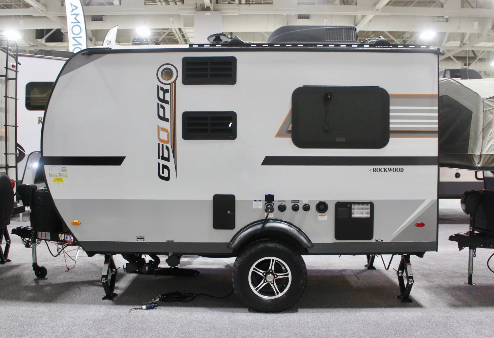The Rockwood Geo Pro is another extensive family of Forest River small trailers, ranging between 11 and 20 feet (3.4 and 6 m) in length. The line even includes a compact toy hauler with flip-away furniture and loading ramp door