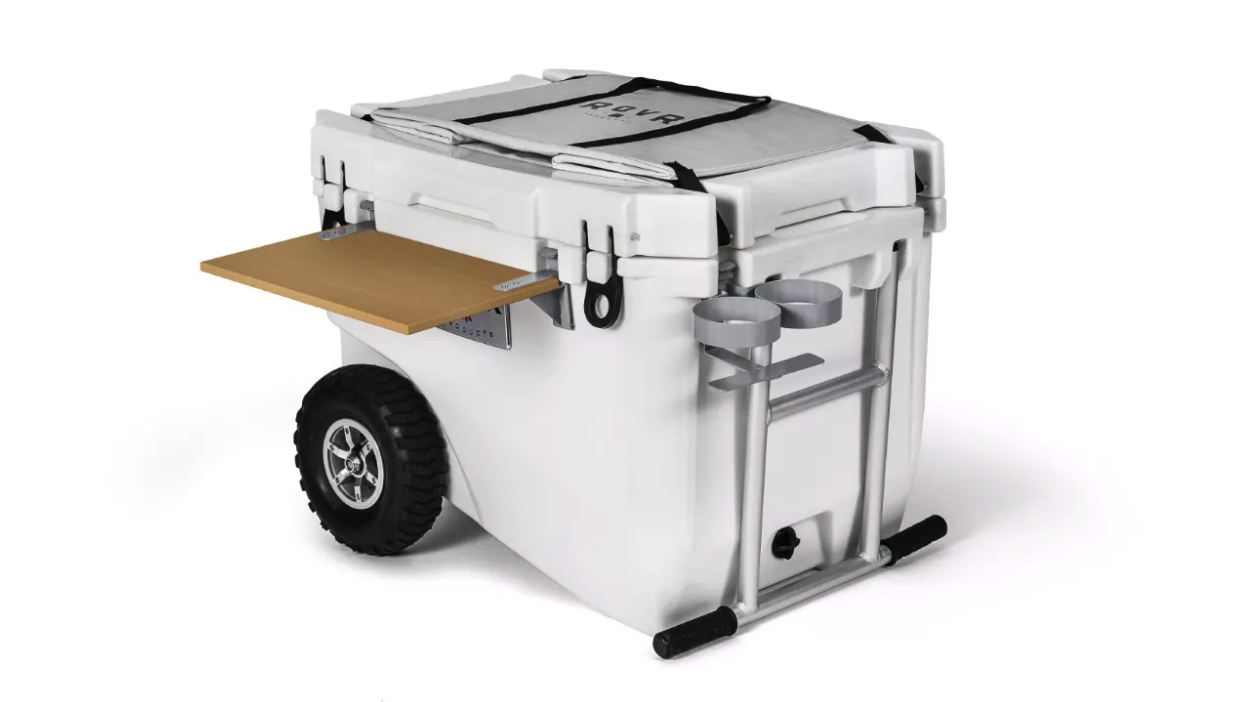 We like the Rovr Rollr 60's 9-in pneumatic all-terrain tires and sturdy, two-person pull handle, but the cupholder design isn't the most stable and we'll probably remove those clips from the cutting board and use it like a standard cutting board