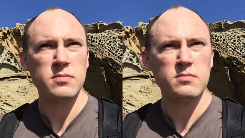 The original selfie image is seen on the left, and the adjusted version on the right